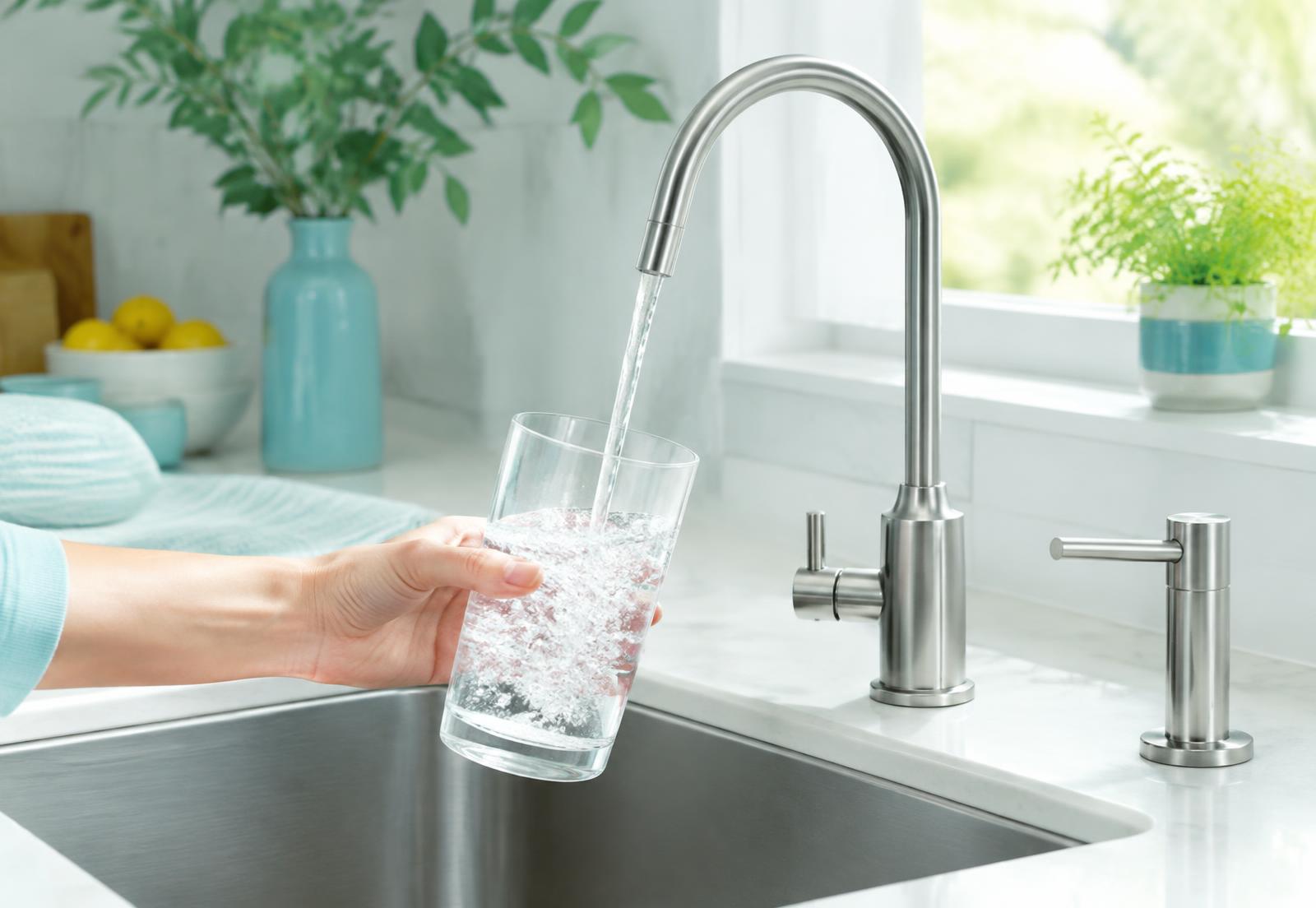 Kitchen faucet with water filter pouring a glass of water